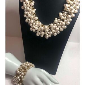 1359 TALBOTS gold tone faux pearl Cha-cha statement bracelet & necklace